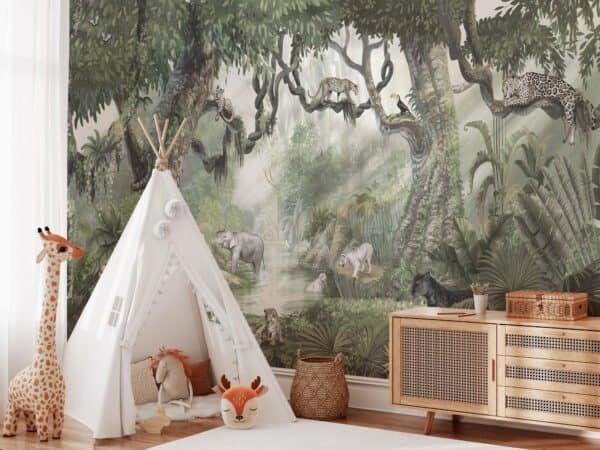 Mural infantil de una selva con gatos salvajes en tono verde - Alchemyst