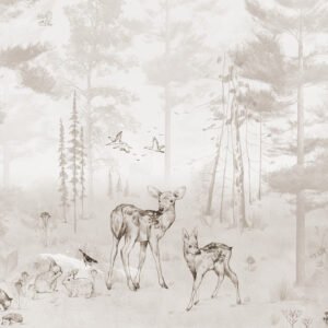 Mural infantil de un bosque con ciervos en tono gris - Alchemyst