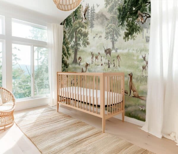Mural infantil de un bosque con ciervo en tono verde - Alchemyst