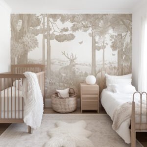 Mural infantil de un bosque de pinos con ciervo en tono beige - Alchemyst