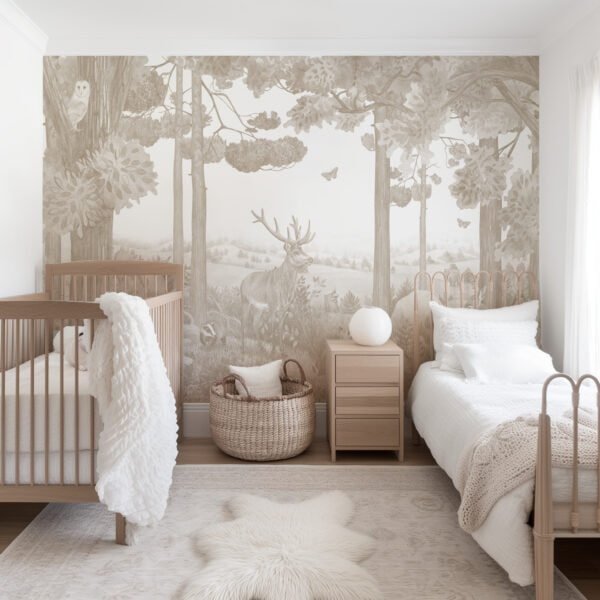 Mural infantil de un bosque de pinos con ciervo en tono beige - Alchemyst