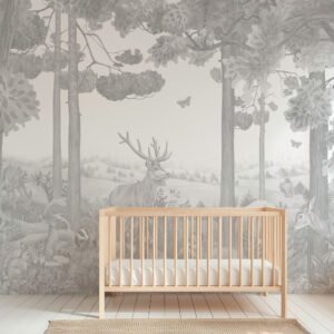 Mural infantil de un bosque de pinos con ciervo en tono sepia - Alchemyst