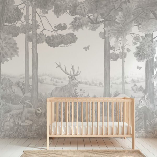 Mural infantil de un bosque de pinos con ciervo en tono sepia - Alchemyst