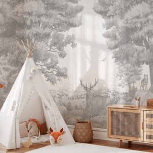 Mural infantil de un bosque con ciervo en tono gris - Alchemyst