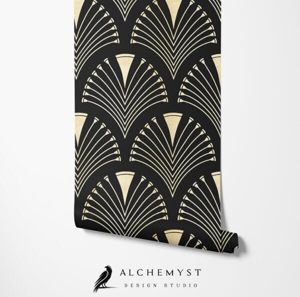 Papel tapiz en rollo con patrón geométrico art déco en tono negro y dorado - Alchemyst