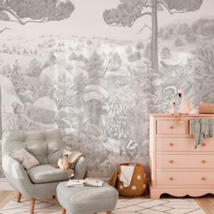 Mural infantil de un pueblo en colinas en tono rosa - Alchemyst