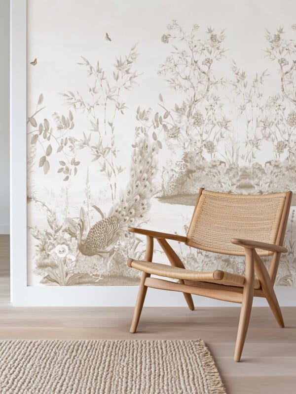 Mural ilustrado de un jardín con aves en tono sepia - Alchemyst