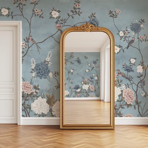 Papel tapiz con patrón de ramas y flores en tono celeste - Alchemyst