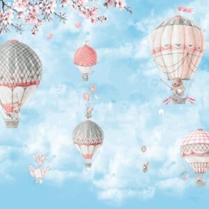 Papel tapiz infantil con globos aerostáticos en tono celeste - Alchemyst