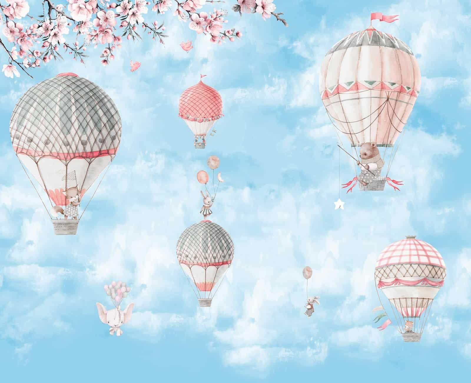 AERO 3 CAT Papel tapiz infantil con globos aerostáticos en tono celeste - Alchemyst