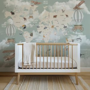 Papel tapiz infantil con temática de aviación en tono verde salvia - Alchemyst