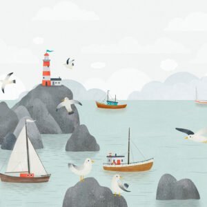 Mural ilustrado de faro costero en tono gris y azul - Alchemyst