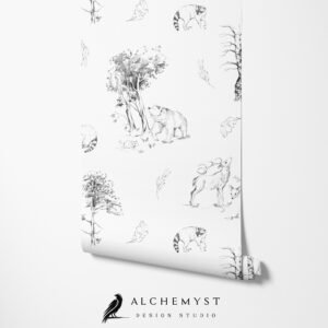 Mural ilustrado de bosque con animales en blanco y negro - Alchemyst