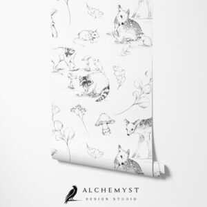 Mural ilustrado de bosque con animales en blanco y negro - Alchemyst