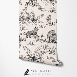 Papel tapiz infantil con leopardos en blanco y negro - Alchemyst