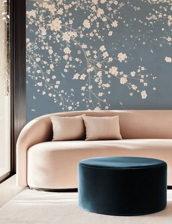 Mural ilustrado de flores de cerezo en tono azul oscuro - Alchemyst