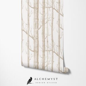 Mural ilustrado de bosque de árboles en tono beige - Alchemyst