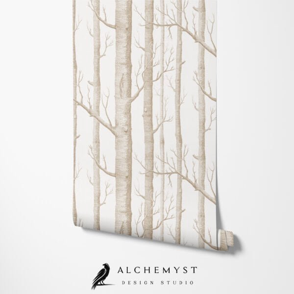 Mural ilustrado de bosque de árboles en tono beige - Alchemyst
