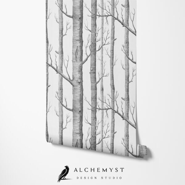 Mural ilustrado de bosque de árboles en tono gris - Alchemyst