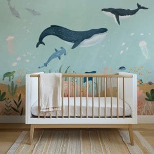 Mural ilustrado infantil de vida marina en tono azul - Alchemyst