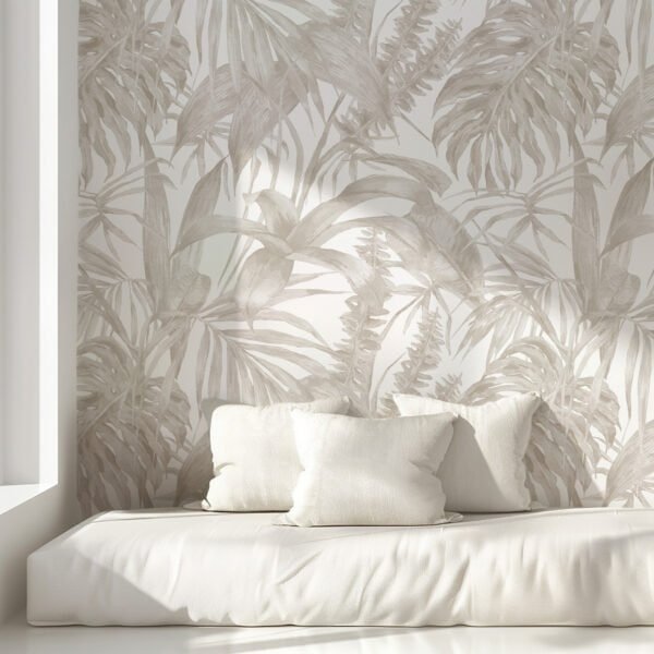 Papel tapiz con patrón de hojas tropicales en tono crema - Alchemyst
