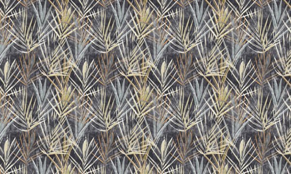 Papel tapiz / empapelado con patrón de hojas tropicales en gris y dorado - Alchemyst
