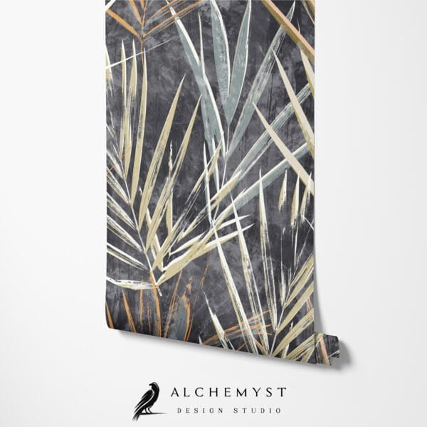Mural ilustrado de hojas de palmera en tono gris - Alchemyst