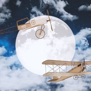 Papel tapiz infantil con luna y avión vintage en tono azul oscuro - Alchemyst