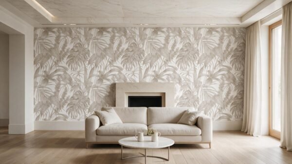 Papel tapiz / empapelado con motivo de hojas en tonos beige y gris en pared de sala moderna - Alchemyst