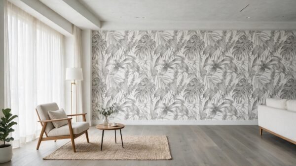 Papel tapiz / empapelado con de estilo tropical en tonos grises y blancos en pared de sala moderna - Alchemyst