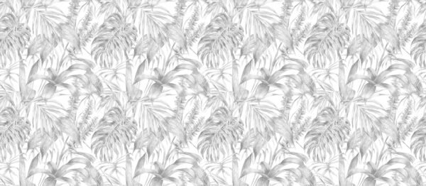 Empapelado con diseño de hojas tropicales en tonos grises y blancos.