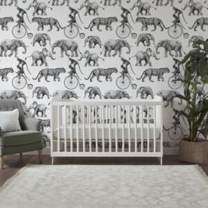 Papel tapiz infantil con elefantes y tigres en tono gris - Alchemyst