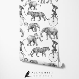 Papel tapiz en rollo infantil con elefantes y tigres en tono gris - Alchemyst