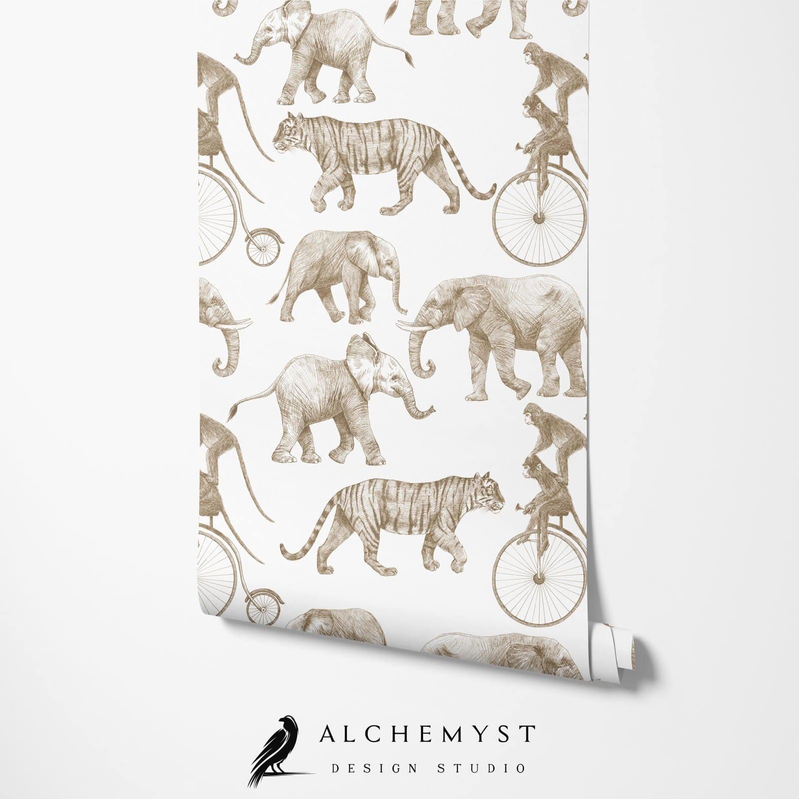Papel tapiz en rollo infantil con elefantes y tigres en tono beige - Alchemyst