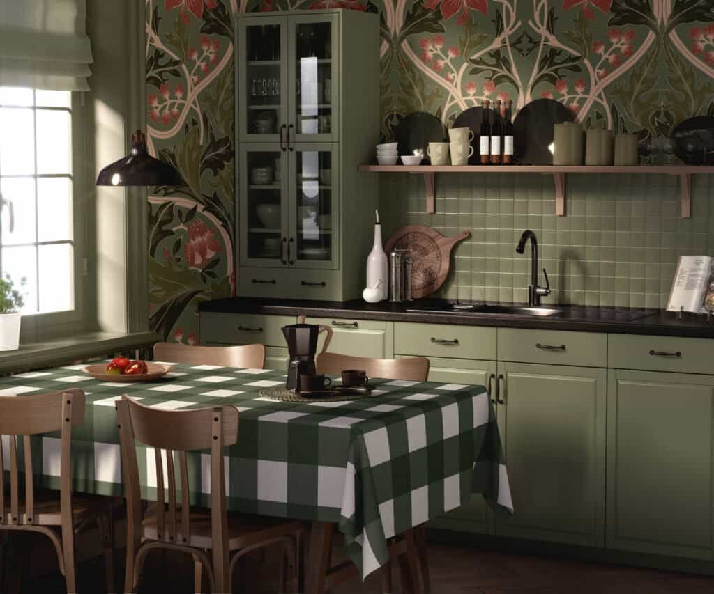 Mural ilustrado floral en tono verde, instalado en cocina - Alchemyst