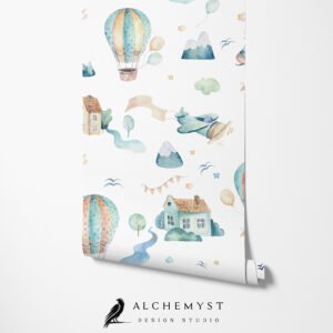 Papel tapiz infantil con globos aerostáticos y animales en tono celeste - Alchemyst