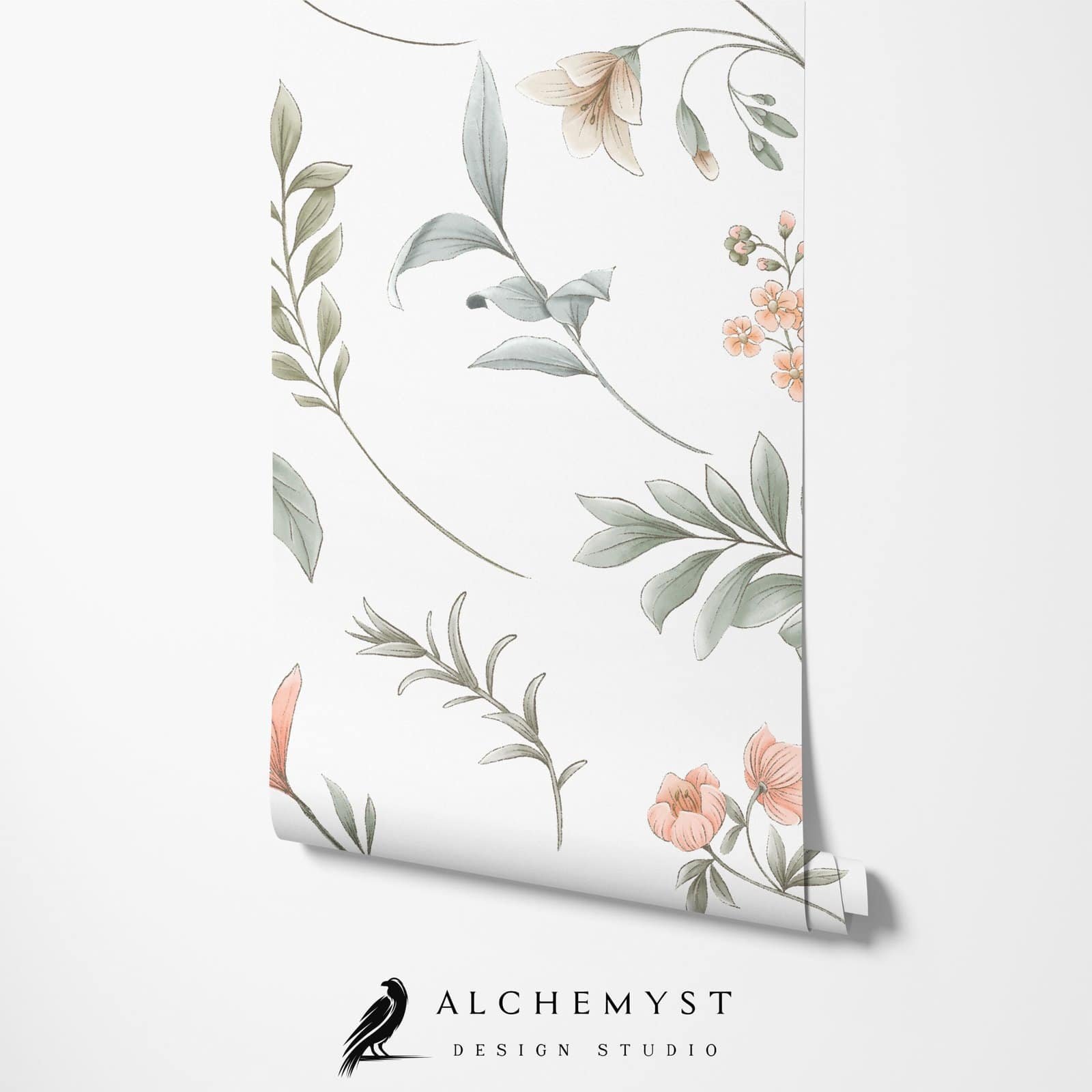 NURSERY FLOWER 1 ROLLO Papel tapiz en rollo con motivo floral en tono verde - Alchemyst