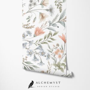 Papel tapiz en rollo con motivo floral en tono azul y verde - Alchemyst