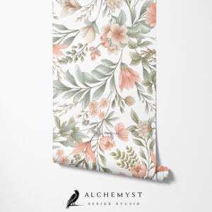 Papel tapiz en rollo con motivo floral en tono coral - Alchemyst