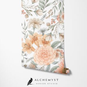 Papel tapiz en rollo con motivo floral en tono durazno - Alchemyst