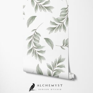 Papel tapiz en rollo con hojas colgantes en tono verde - Alchemyst