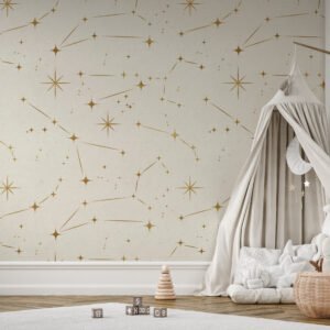 Mural ilustrado de constelaciones en tono beige con detalles dorados en habitación infantil - Alchemyst