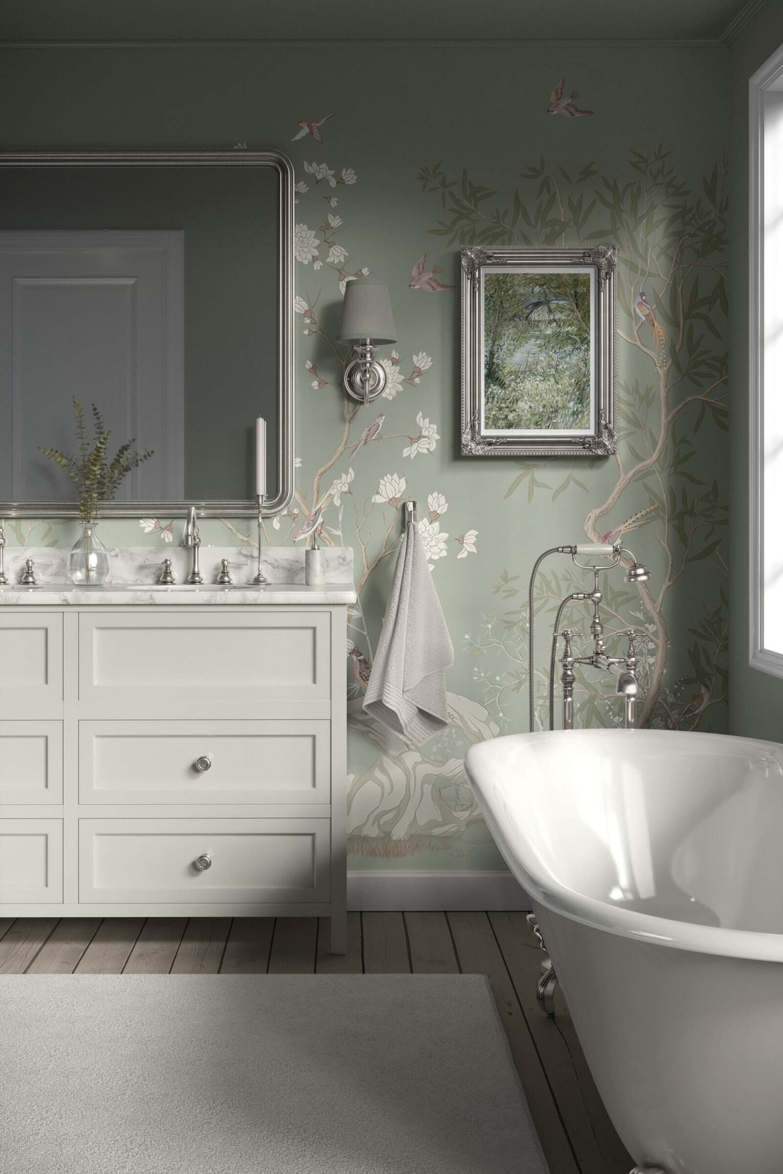 Papel tapiz en tono verde salvia, instalado en baño - Alchemyst