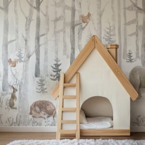 Mural ilustrado infantil de bosque con carpa en tono beige - Alchemyst