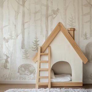 Mural ilustrado infantil de bosque con carpa en tono beige - Alchemyst