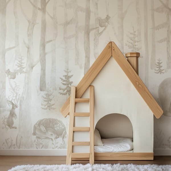 Mural ilustrado infantil de bosque con carpa en tono beige - Alchemyst