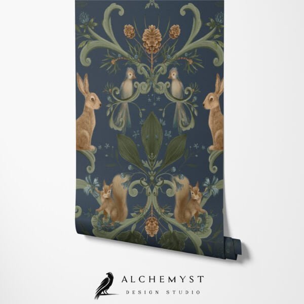 Mural ilustrado con motivo botánico y animales en tono azul oscuro - Alchemyst