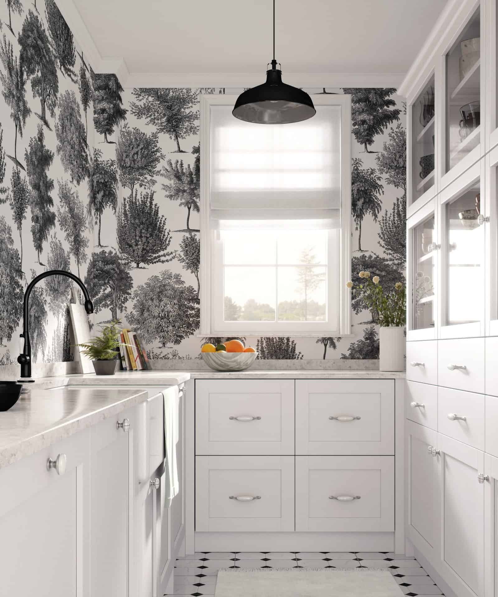 Mural ilustrado floral en blanco y negro, instalado en cocina - Alchemyst
