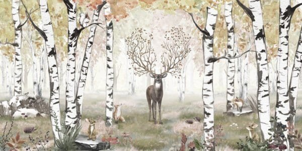 Mural ilustrado de bosque de abedules con ciervo en tono verde y dorado - Alchemyst