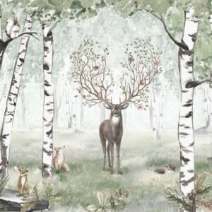 Mural ilustrado de bosque de abedules con ciervo en tono verde - Alchemyst
